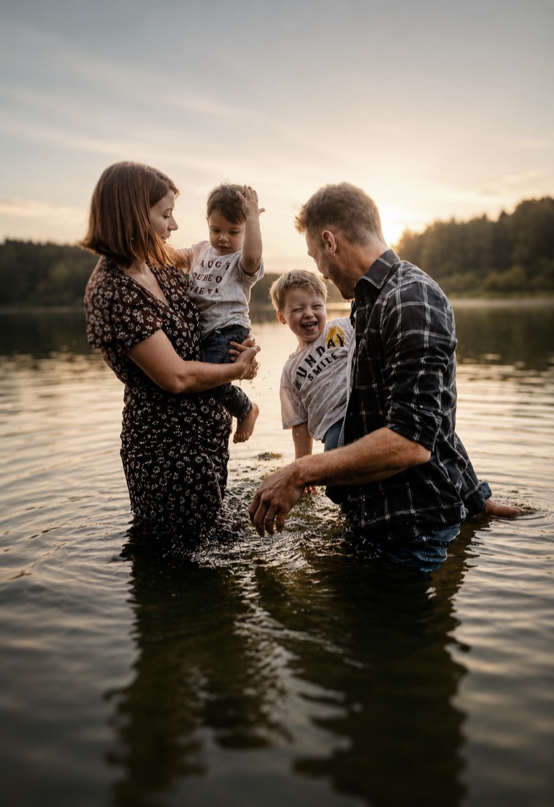 Des parents et leurs deux enfants qui rient, les pieds dans le lac